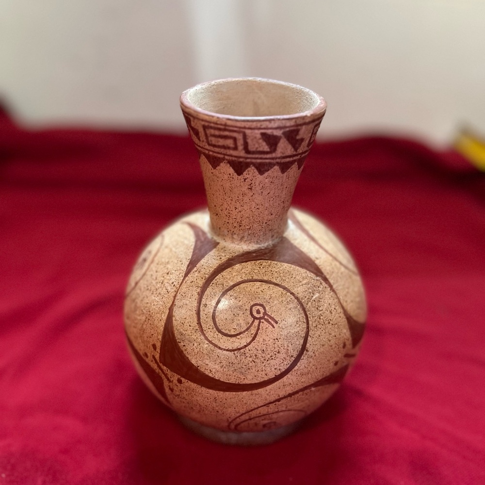 Vintage Handcrafted Tan and Brown Ceramic Vase from Peru